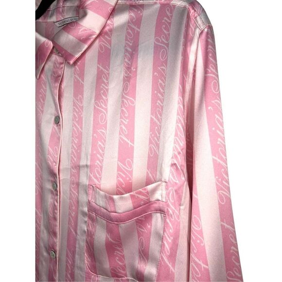 Victoria’s Secret Women’s Large Satin Pajama Top Pink Stripe Button Up Shirt - Picture 2 of 5